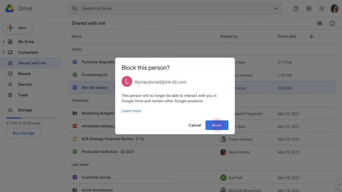 You can now block other users on Google Drive