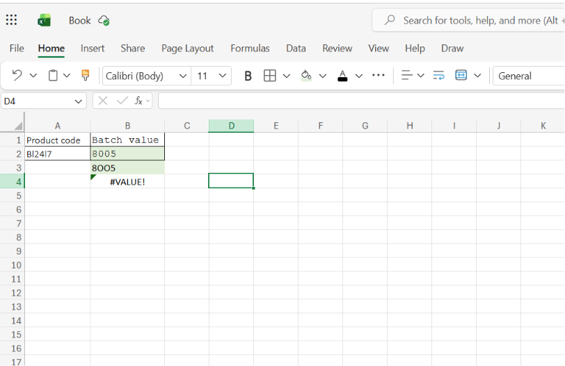 An Excel spreadsheet cell displaying a #VALUE error caused by OCR character confusion in a numeric column.