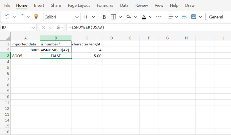 An Excel spreadsheet showing the ISNUMBER function returning FALSE for an OCR corrupted cell containing text letters.