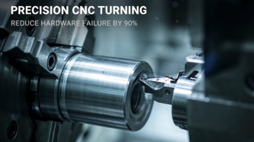 Close-up industrial photograph of a precision CNC lathe machining a metallic cylindrical component, showing cutting tool engagement, metal shavings, coolant spray, with text overlay Precision CNC Turning and Reduce Hardware Failure by 90%