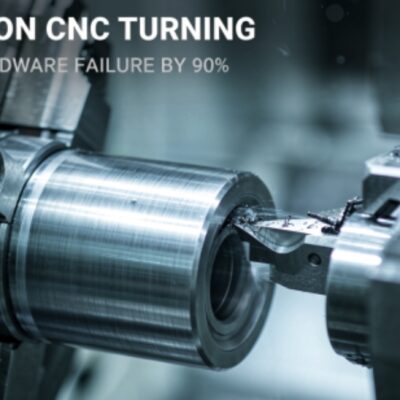 Close-up industrial photograph of a precision CNC lathe machining a metallic cylindrical component, showing cutting tool engagement, metal shavings, coolant spray, with text overlay Precision CNC Turning and Reduce Hardware Failure by 90%
